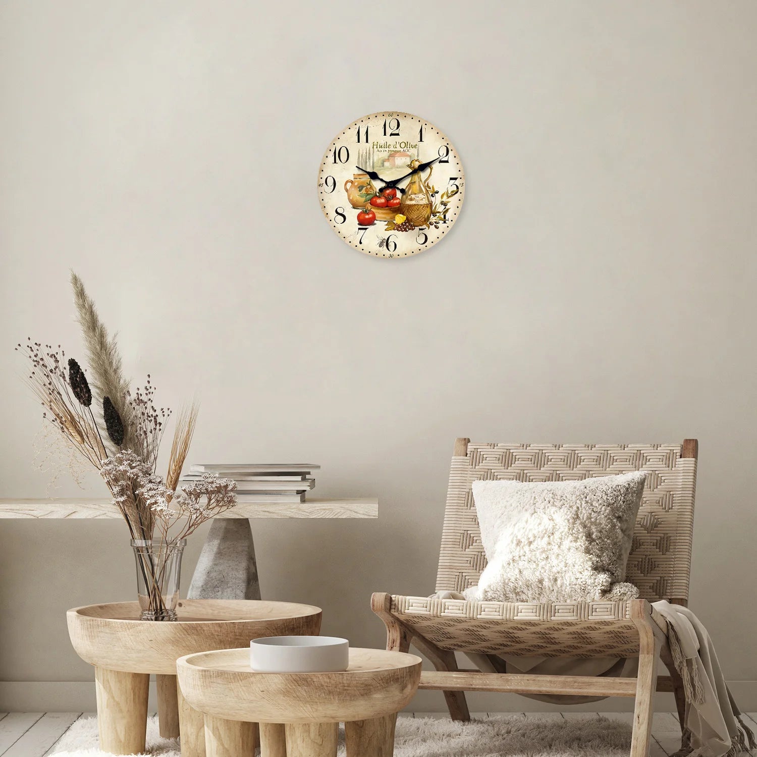 Retro Provence Olive Oil and Tomato Pattern Wooden Wall Clock Living Room Bedroom Kitchen Home Decoration Wall Clock Silent Quartz Clock Holiday Gift 10 Inches 12 Inches 14 Inches 16inch (Without Batteries)