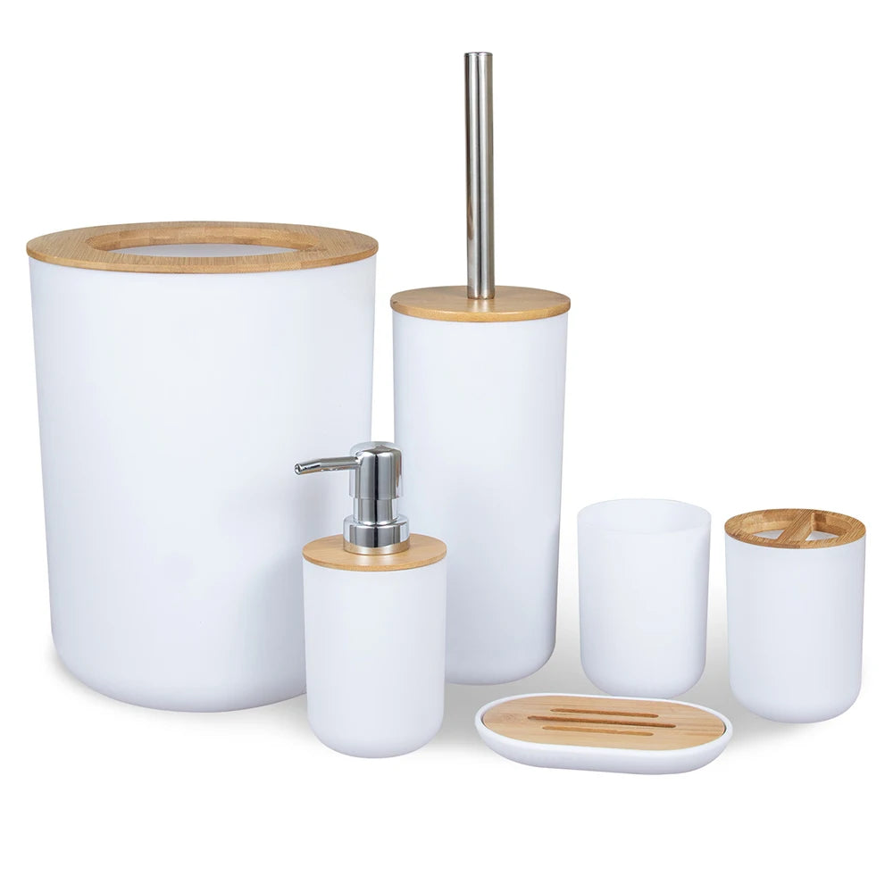 6Pcs/Set Soap Dispenser Box Toilet Brush Lotion Bottle Trash Can Bamboo Plastic Bathroom Storage Set Toothbrush Cup Holder