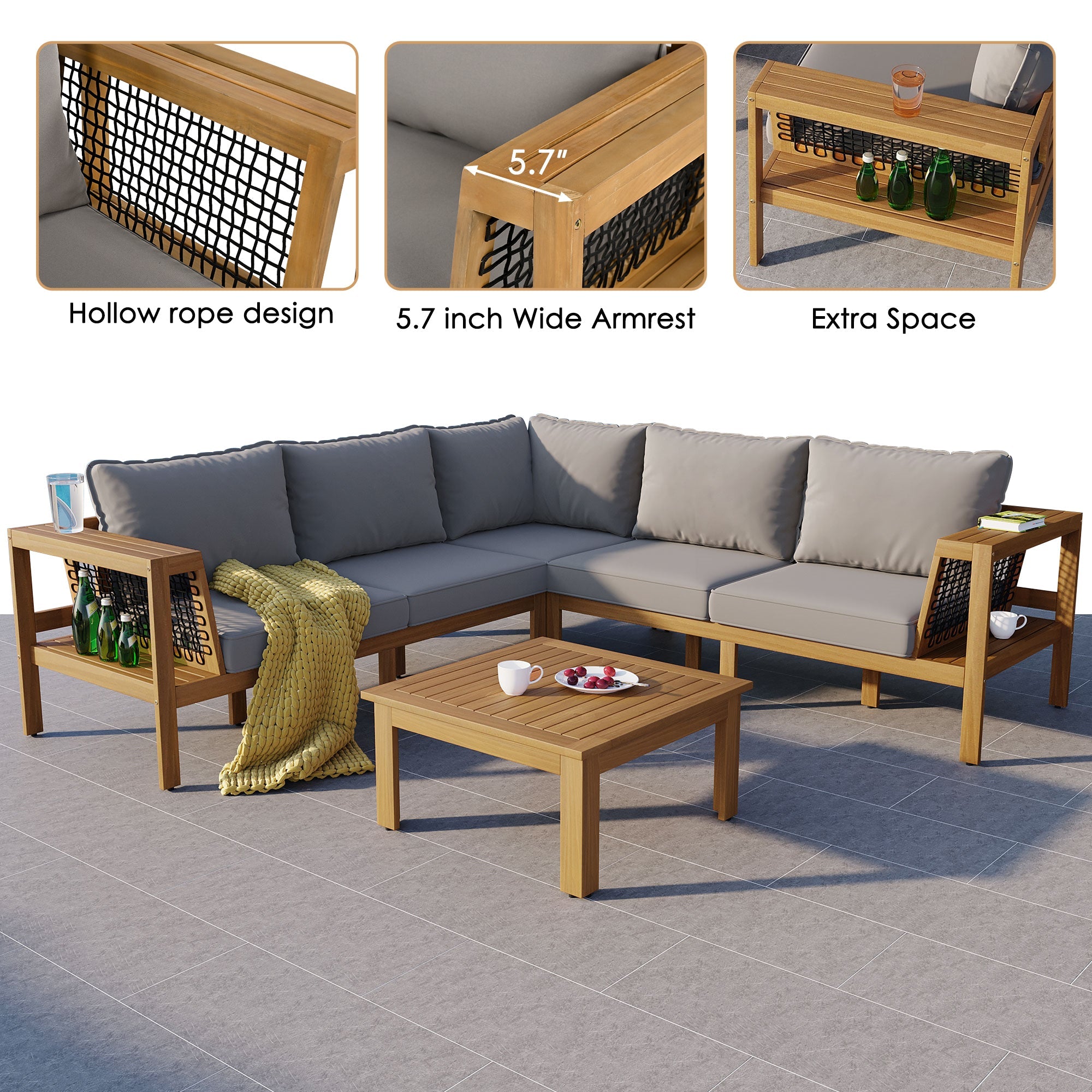 4 Pieces Outdoor Acacia Wood Sofa Set, Woven Mesh Armrests, L-Shaped SHIPPING ONLY IN USA