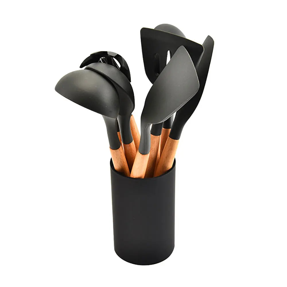 Silicone world Cooking Kitchenware Tool Silicone Utensils With Wooden Multifunction Handle Non-Stick Spatula  Spoon Brush