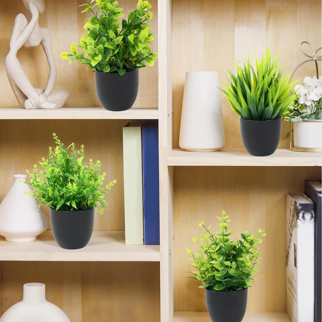 4pcs Artificial Plants Potted Green Bonsai Small Tree Grass Plants Pot Ornament Fake Flowers for Home Garden Decor Wedding Party