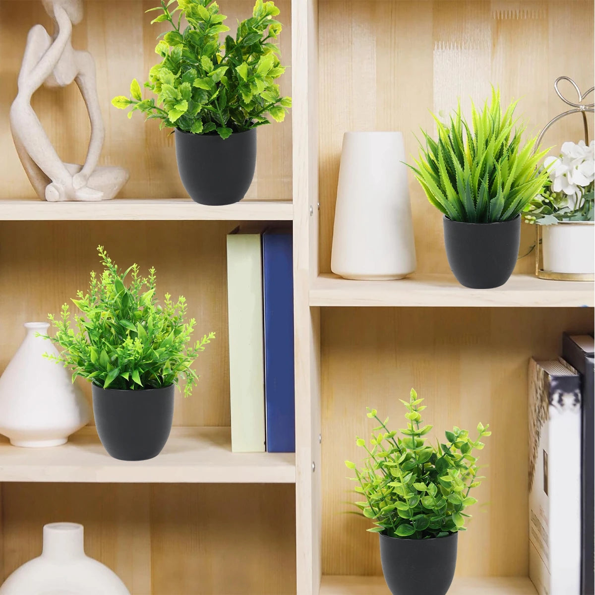 4pcs Artificial Plants Potted Green Bonsai Small Tree Grass Plants Pot Ornament Fake Flowers for Home Garden Decor Wedding Party