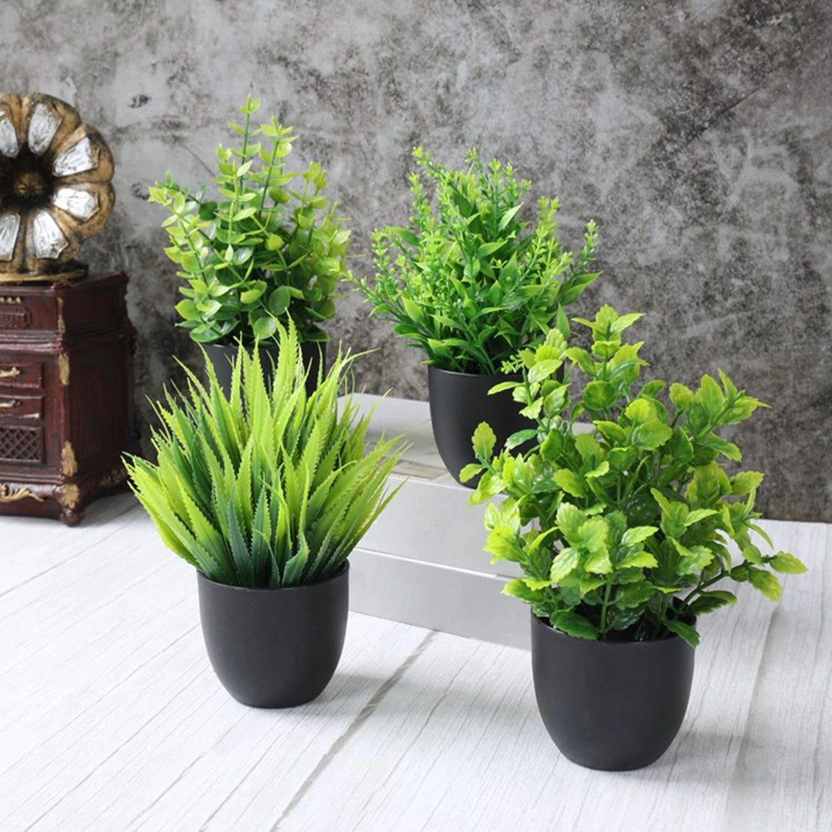 4pcs Artificial Plants Potted Green Bonsai Small Tree Grass Plants Pot Ornament Fake Flowers for Home Garden Decor Wedding Party