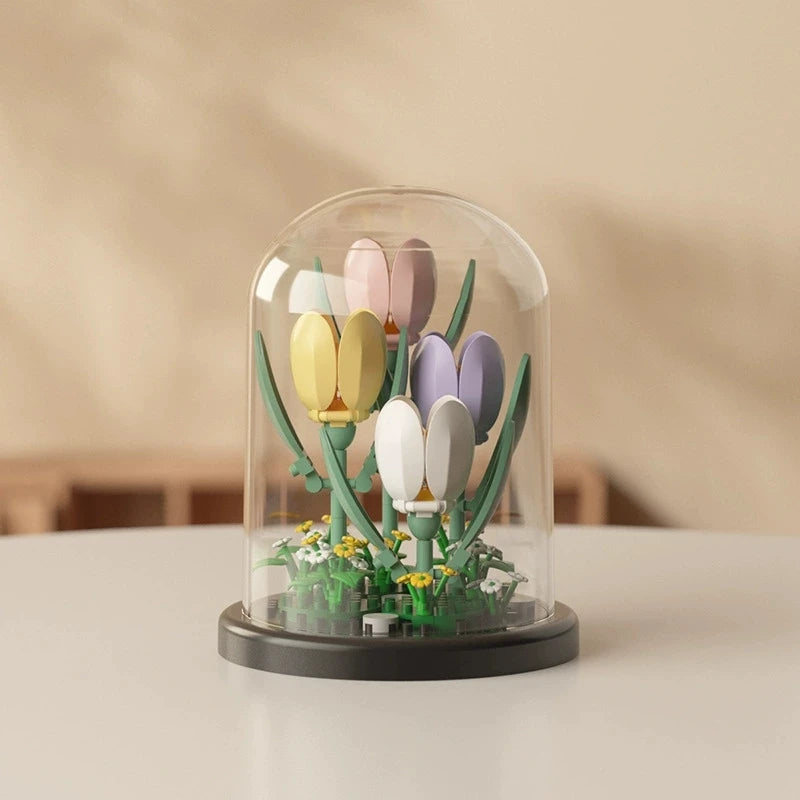 DIY MOC Flower Arrangement Dust Cover Tulip Rose Sunflower Plants Succulents Gardens Building Blocks Model Kids Sets Kits Toys