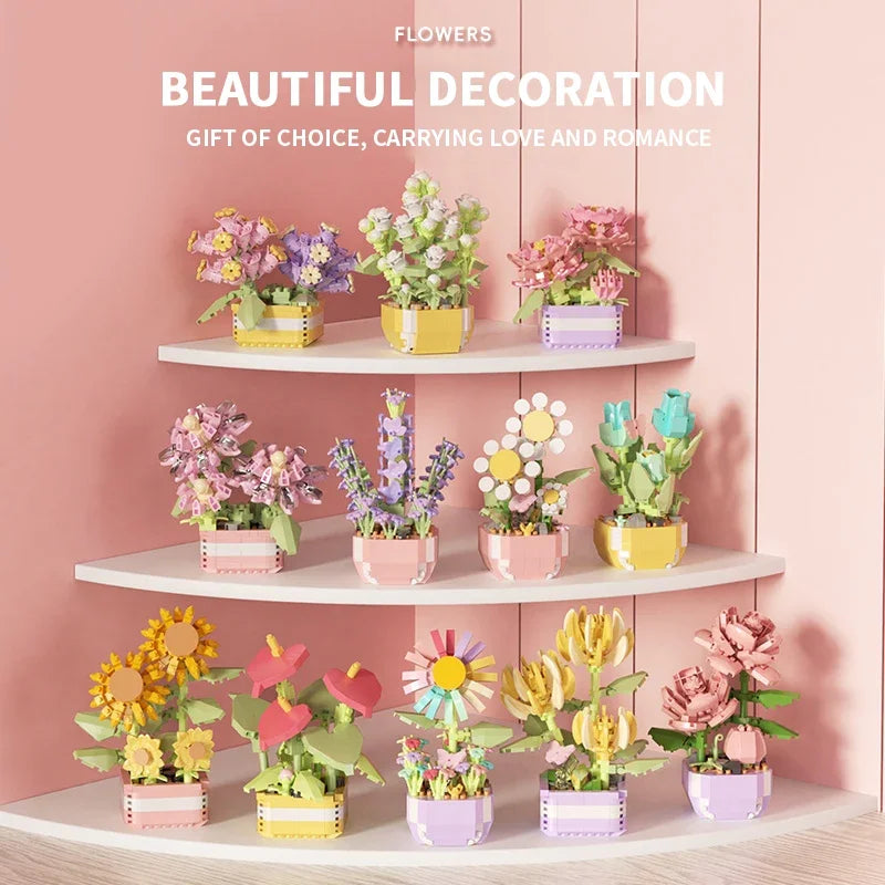 Flower Succulents Building Blocks Everlasting Flower Bonsai Tree Gardens Romantic Bricks DIY Potted Plants Model Kids Kits Toys