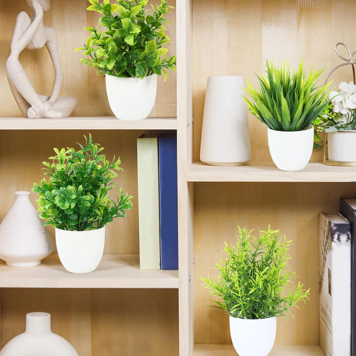 4pcs Artificial Plants Potted Green Bonsai Small Tree Grass Plants Pot Ornament Fake Flowers for Home Garden Decor Wedding Party