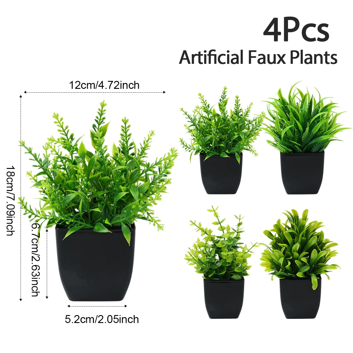 4pcs Artificial Plants Potted Green Bonsai Small Tree Grass Plants Pot Ornament Fake Flowers for Home Garden Decor Wedding Party