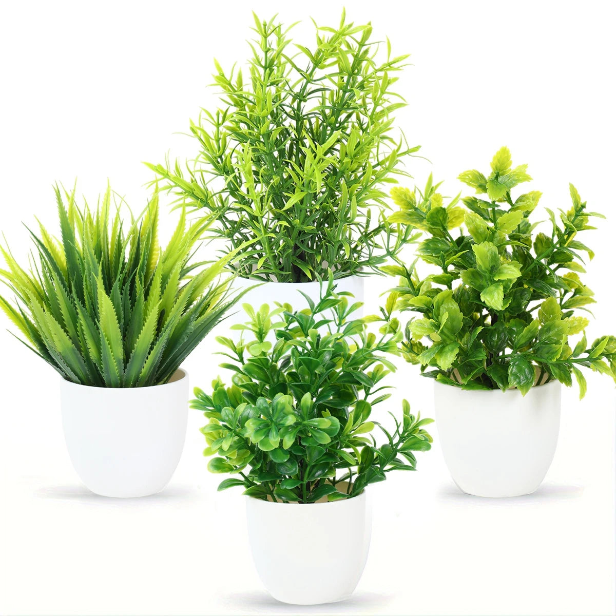 4pcs Artificial Plants Potted Green Bonsai Small Tree Grass Plants Pot Ornament Fake Flowers for Home Garden Decor Wedding Party