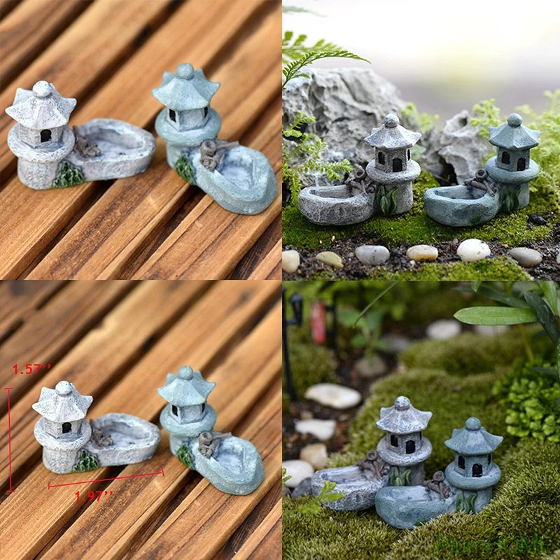 Mini Retro Pond Tower Resin Craft Fairy Garden Decor Figurines Toys DIY Miniatures Terrarium Micro Landscape Home Ornaments