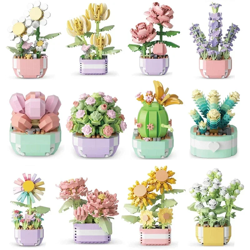 Flower Succulents Building Blocks Everlasting Flower Bonsai Tree Gardens Romantic Bricks DIY Potted Plants Model Kids Kits Toys