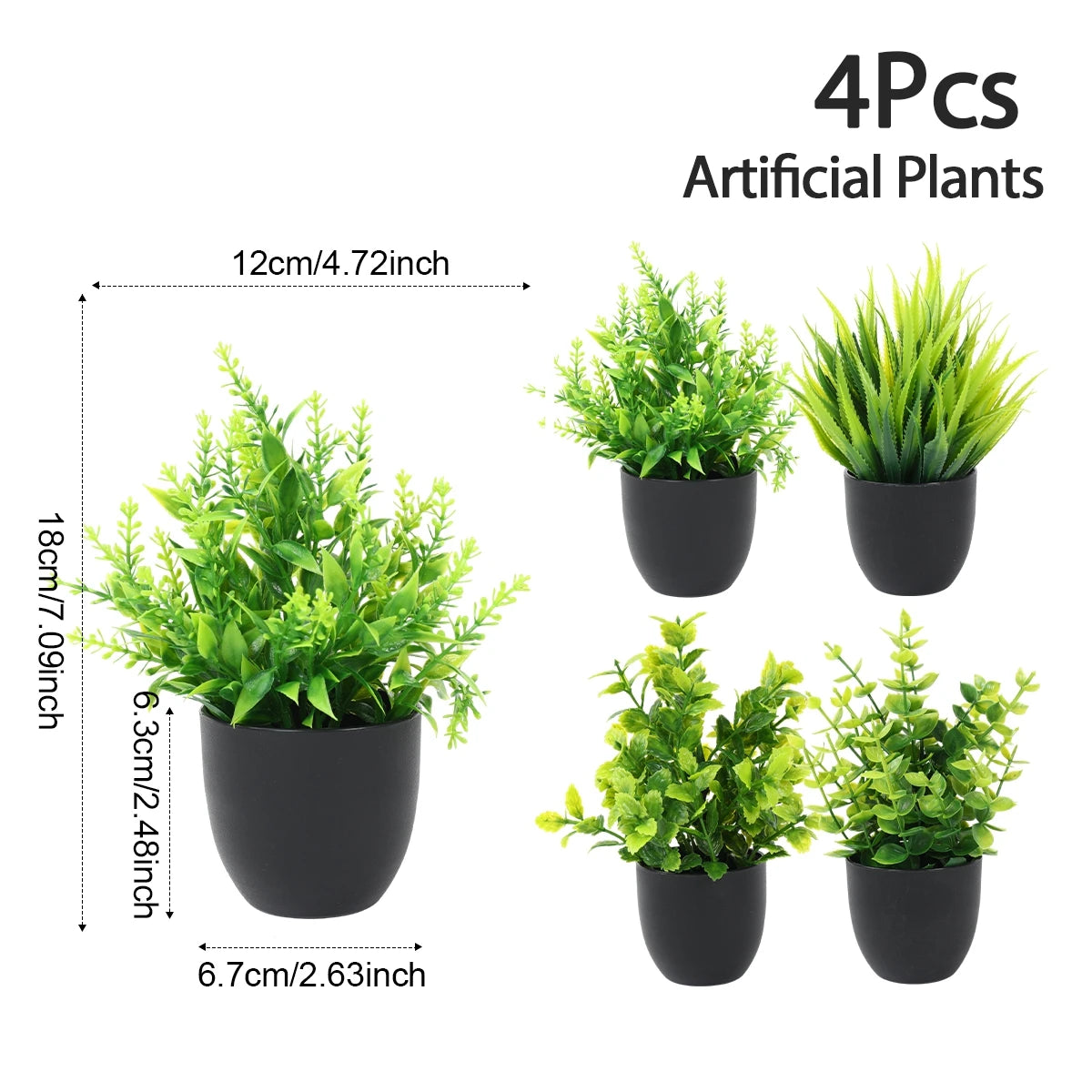 4pcs Artificial Plants Potted Green Bonsai Small Tree Grass Plants Pot Ornament Fake Flowers for Home Garden Decor Wedding Party