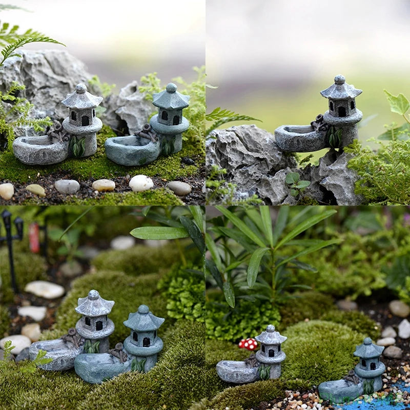 Mini Retro Pond Tower Resin Craft Fairy Garden Decor Figurines Toys DIY Miniatures Terrarium Micro Landscape Home Ornaments