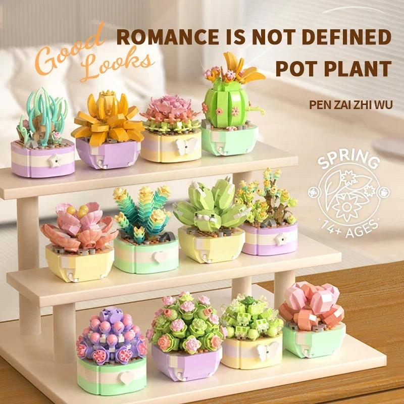 Flower Succulents Building Blocks Everlasting Flower Bonsai Tree Gardens Romantic Bricks DIY Potted Plants Model Kids Kits Toys