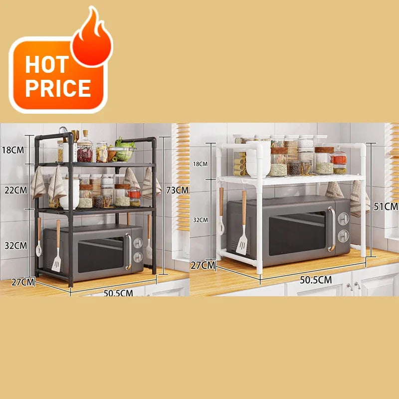 Kitchen Storage Rack Shelf Organizer for Microwave Oven Toaster Spice Bottles with Hooks Adjustable Stand for Home Dining Room