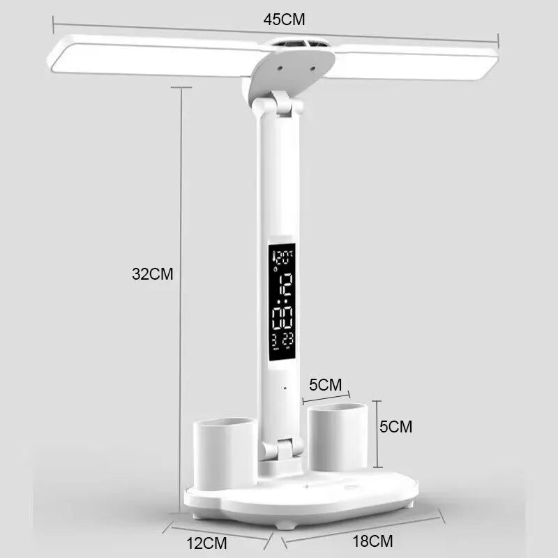 LED Table Lamp USB Chargeable Dimmable Clock Desk Lamps 2 Heads 180 Rotate Foldable Eye Protection Desktop Reading Night Lights