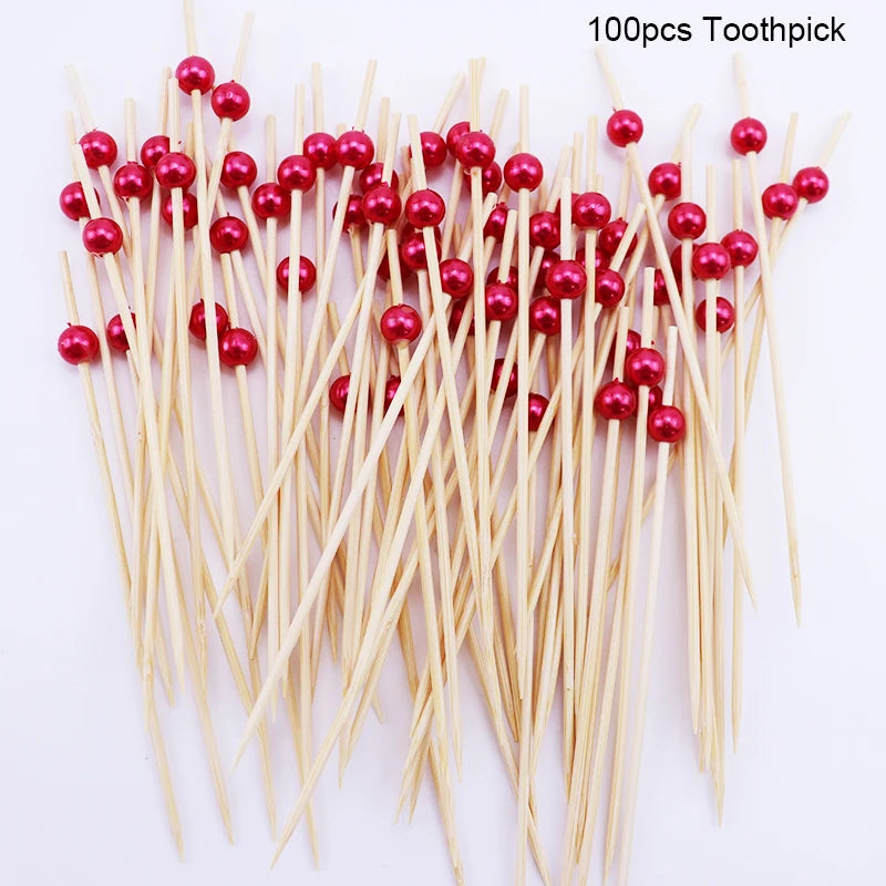 100Pcs White Pearl Bamboo Food Fruit Picks Wedding Party Disposable Cake Dessert Cocktail Sticks Buffet Cupcake Toothpick Skewer