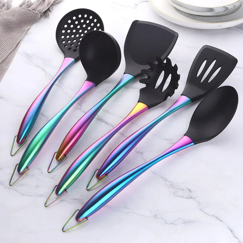 1-7PCS Cooking Tools Set Soup Scoop Slotted Spoon Turner Ladle Stainless Steel with Silicone Head Hanging Kitchen Server Pot