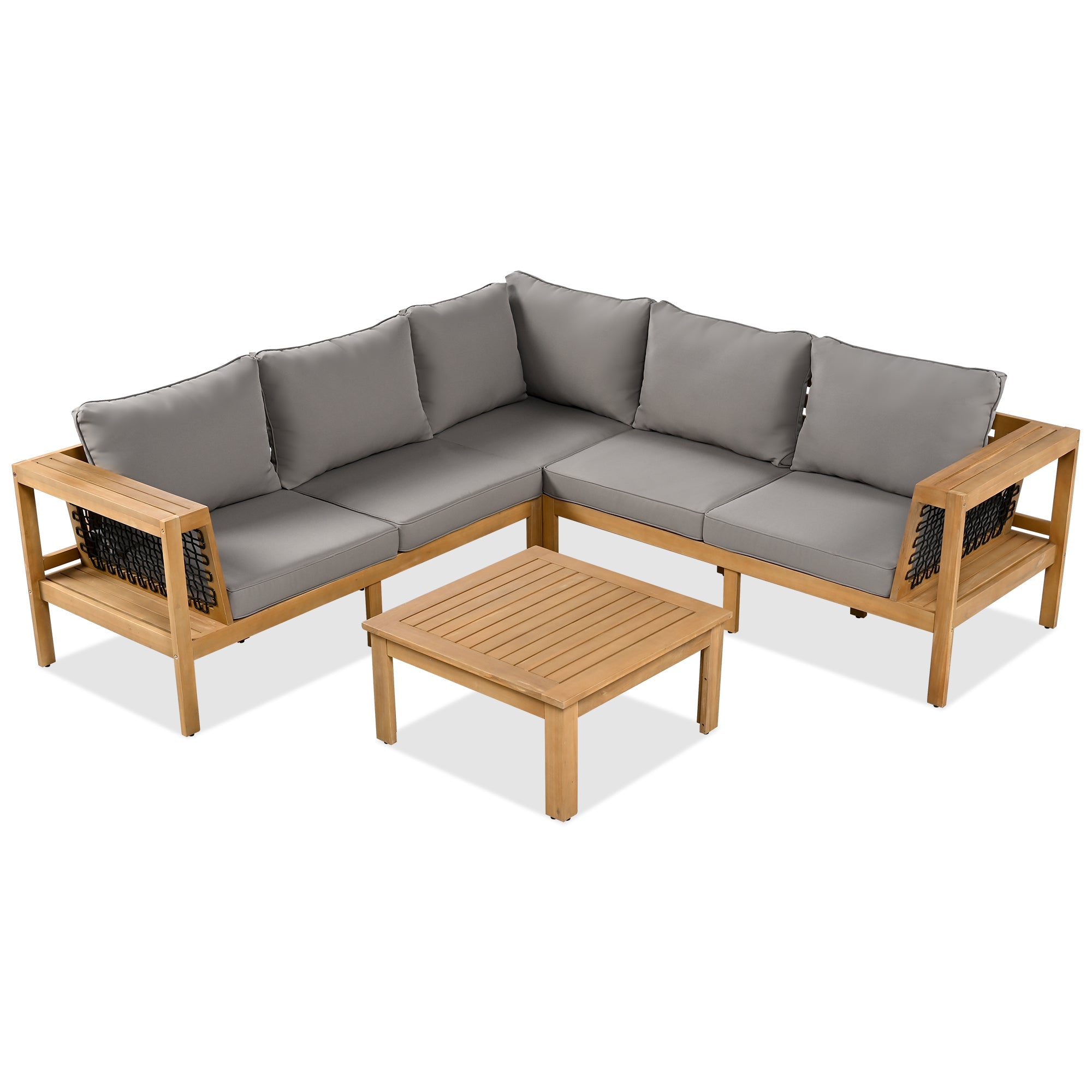 4 Pieces Outdoor Acacia Wood Sofa Set, Woven Mesh Armrests, L-Shaped SHIPPING ONLY IN USA