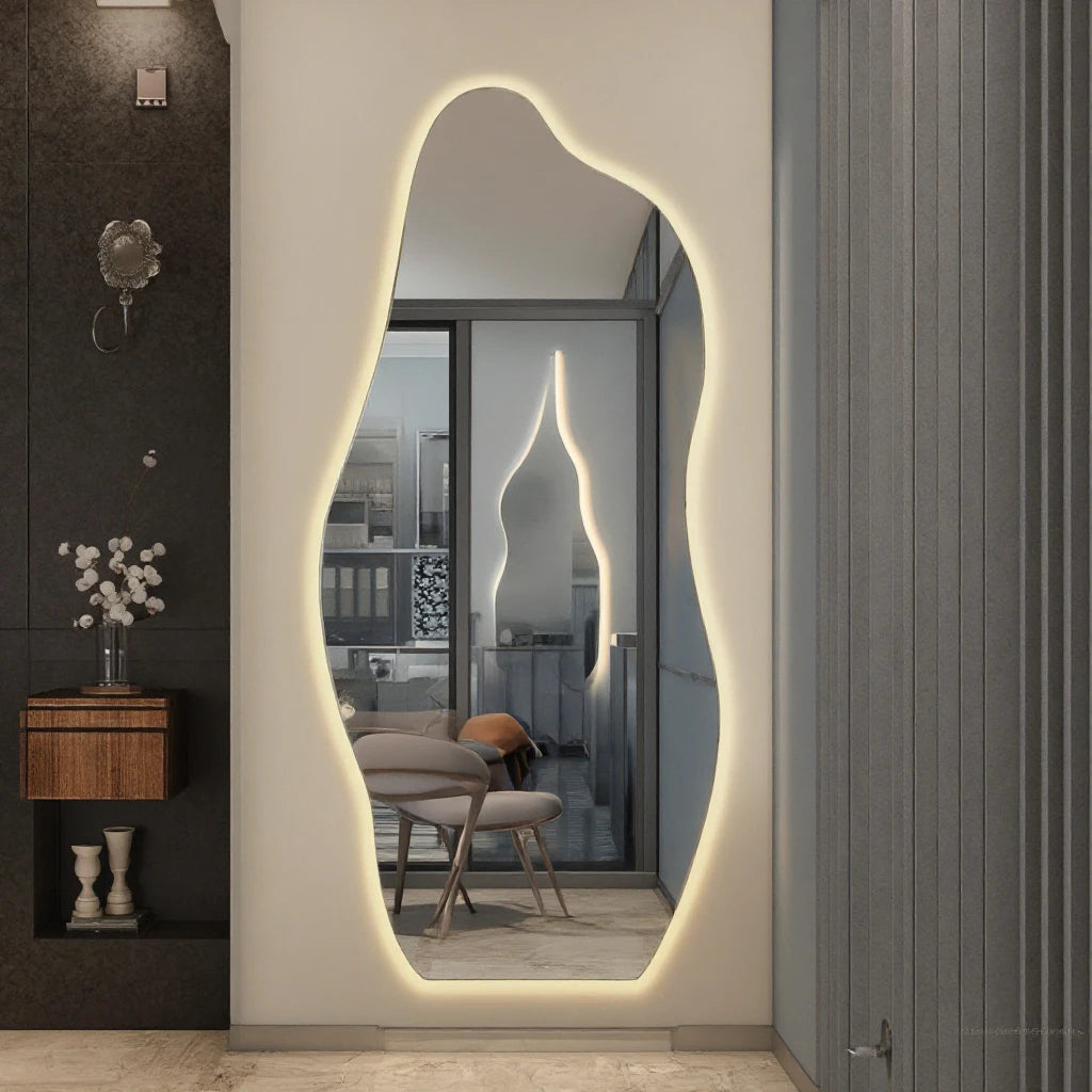 Customized Full Length Floor Mirror Decorative Hanging Living Room Mirror Wavy Shape Anti-Fog Smart Led Nordic Mirror