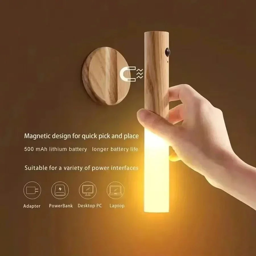 Wood-Style Rechargeable LED Wall Light with Motion Sensor Ideal Portable Plastic Lantern for Bedroom Bedside Stairs and Hallway