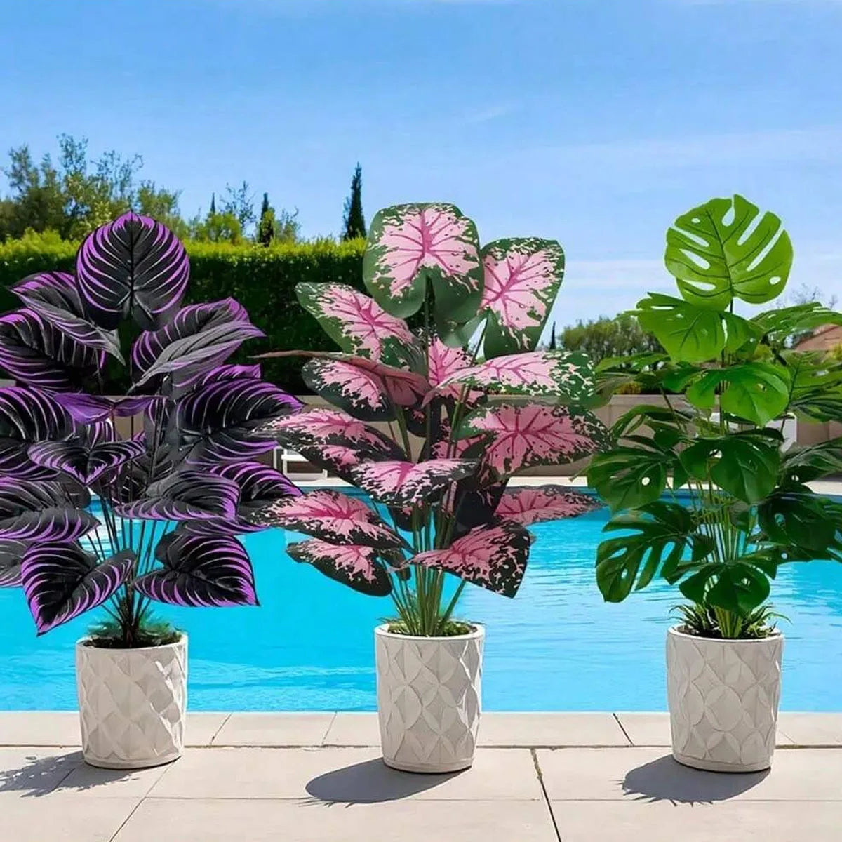 3pcs Outdoor Large Artificial Green Plant Set with 36 Leaves Suitable Designed Tropical Rainforest Landscapes for Home Garden