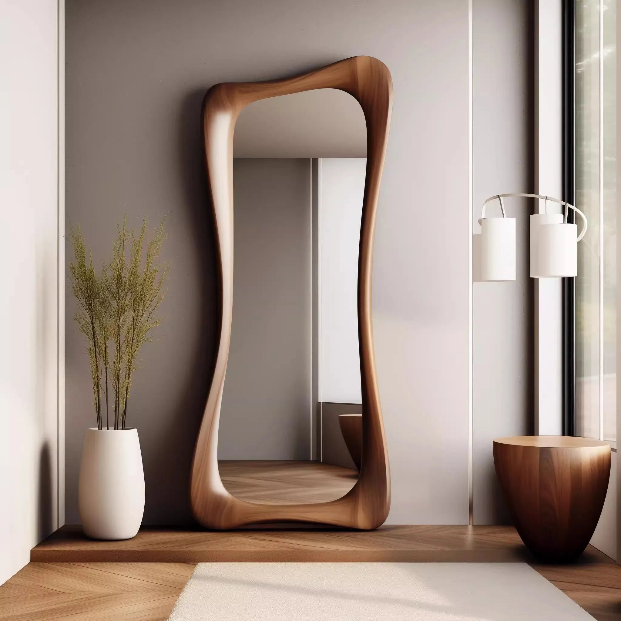 French Light Luxury Decorative Mirror Outfit Shop Full-length Mirror Retro Art Style Walnut Wood Irregular Frame Mirror 60x160cm