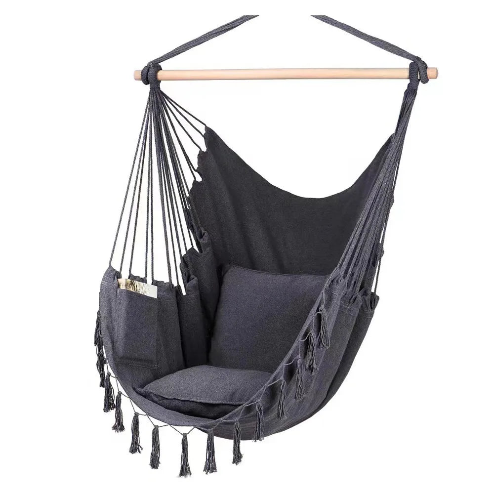 Macrame Hanging Chair with 2 Pillows | 500lb Capacity Cotton Rope Swing | Pocket Design Indoor/Outdoor Use