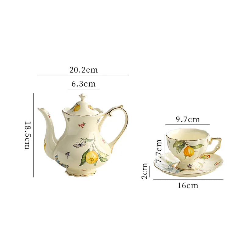 Vintage European-style Coffee Mug Afternoon Tea Set Tape Disc Teapot Kettle Lemon Pattern Porcelain Handle Cup Mugs Coffee Cups