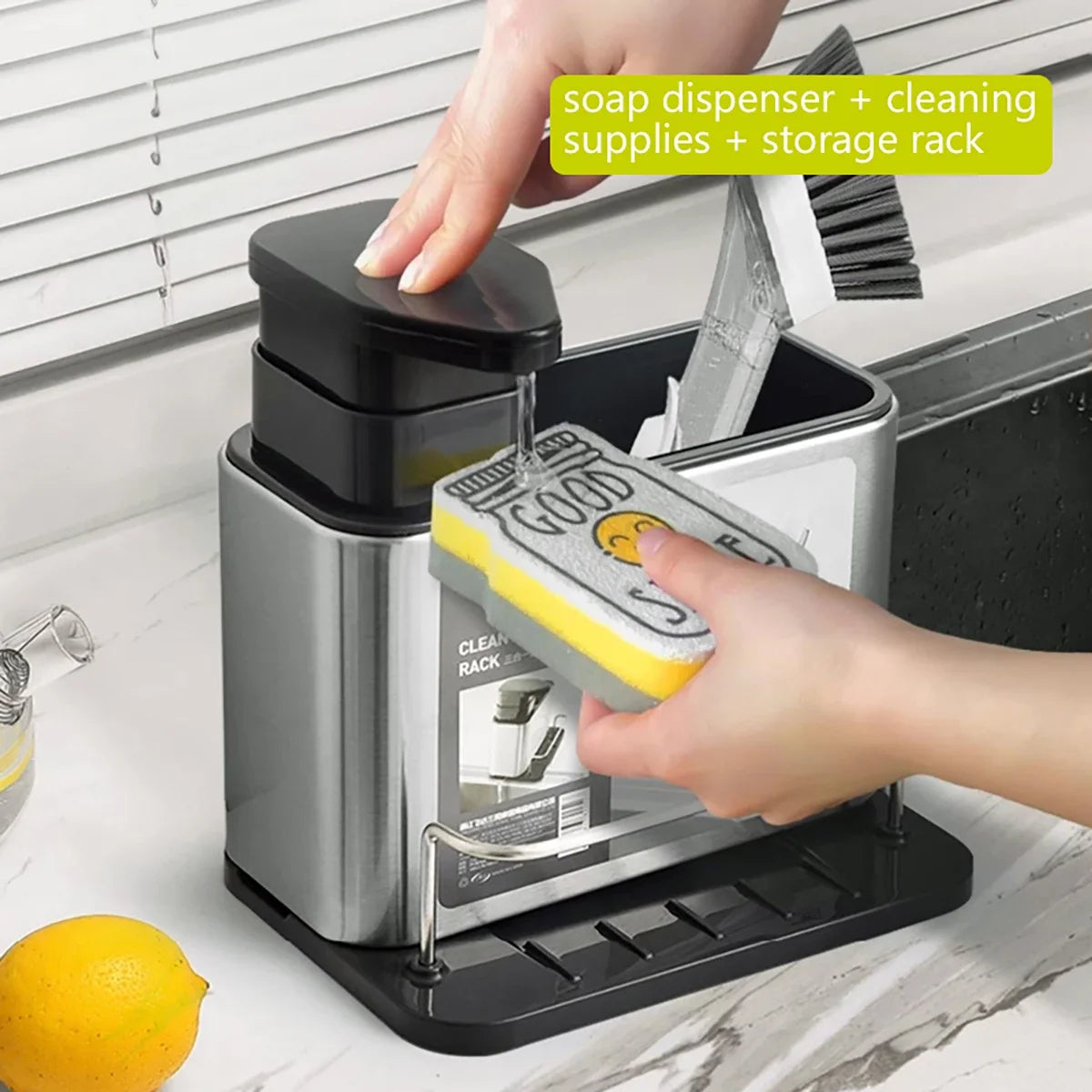 Stainless Steel Soap Dispenser + Sponge Holder 2-in-1 Kitchen Cleaning Storage Leak-proof & Easy To Clean