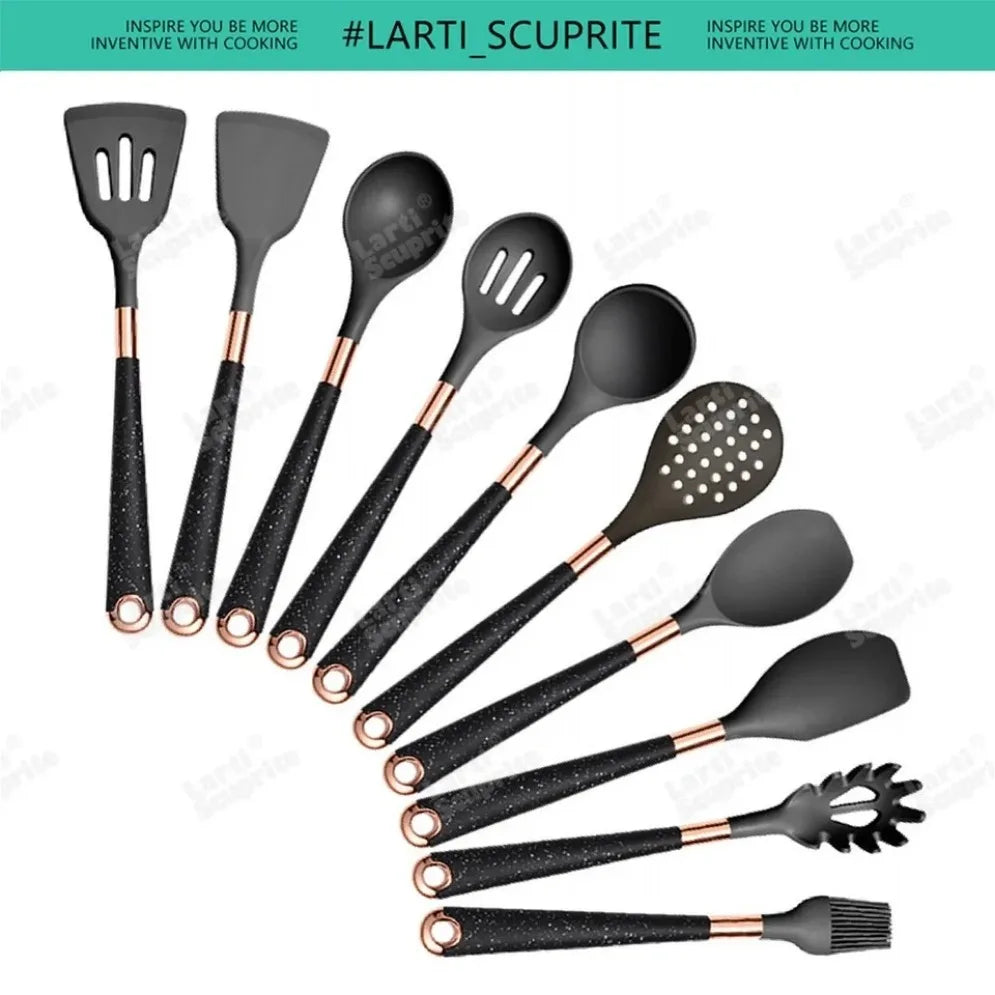 Gold Plated Handle Silicone Cooking Utensils Set Kitchen Non-stick Tool Gadgets BPA FREE Kitchenware Heat Resistant Spatula Set