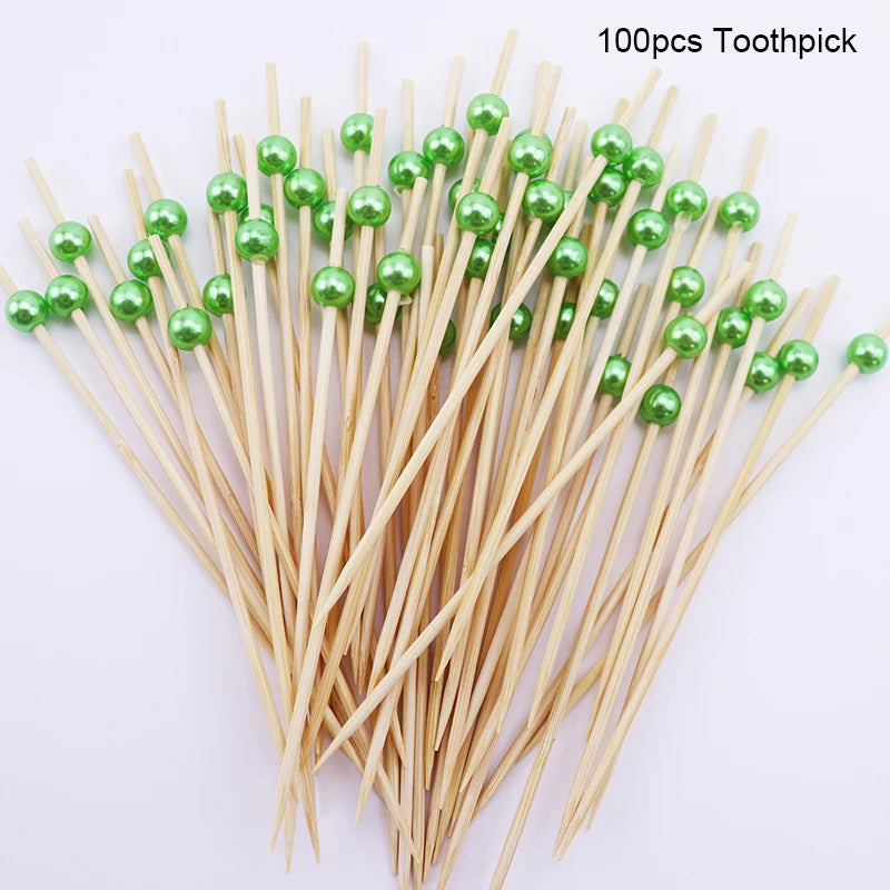 100Pcs White Pearl Bamboo Food Fruit Picks Wedding Party Disposable Cake Dessert Cocktail Sticks Buffet Cupcake Toothpick Skewer