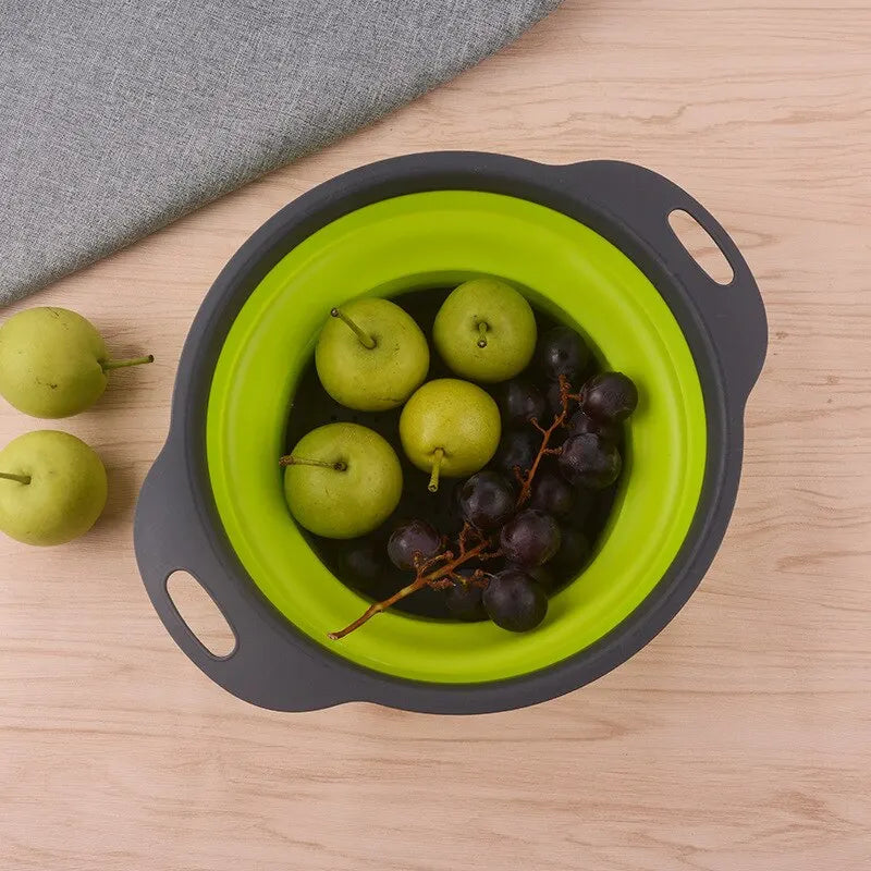 Creative Green Silicone Round Folding Vegetable Fruits Washing Drain Basket Colander Strainer Collapsible Drainer Kitchen Tool