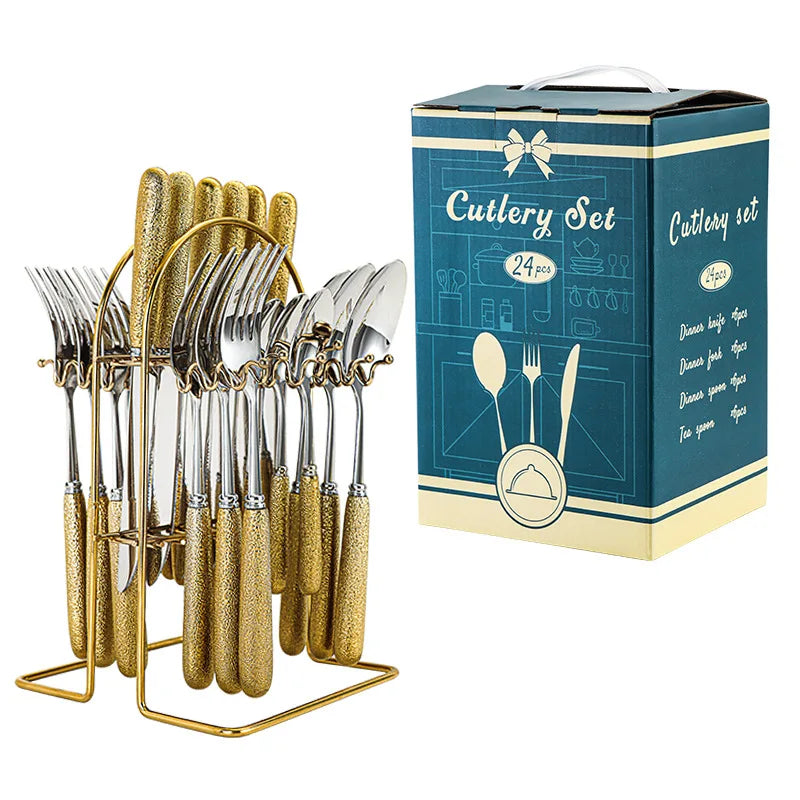 24 Pcs Stainless Steel Cutlery Hammer Pattern Ceramic Handle Knife Fork Spoon Set cutlery set travel cutlery set flatware set
