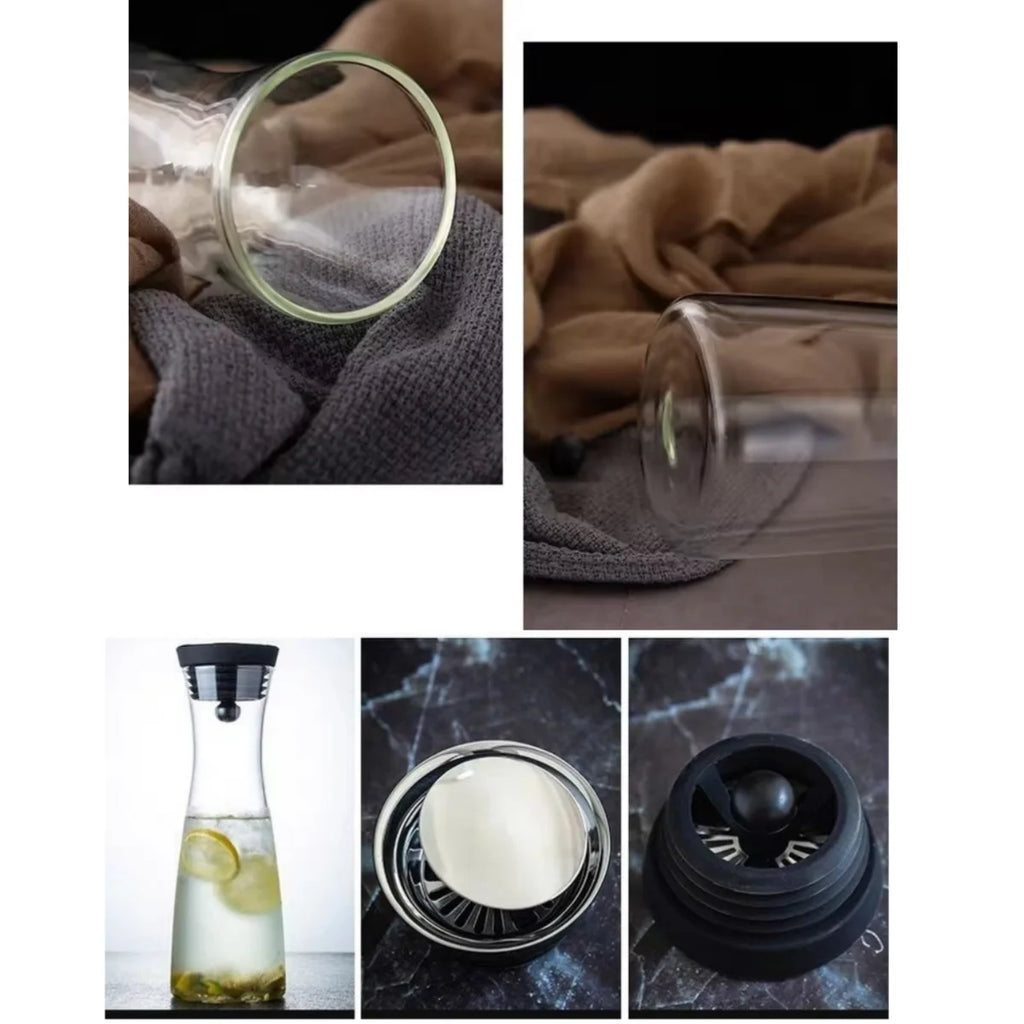 Glass Carafe with Lid Stainless Steel Fruit Skewer, Heat Resistant Water Pitcher for Ice Tea Juice Hot or Cold Water 1.2/1.5L