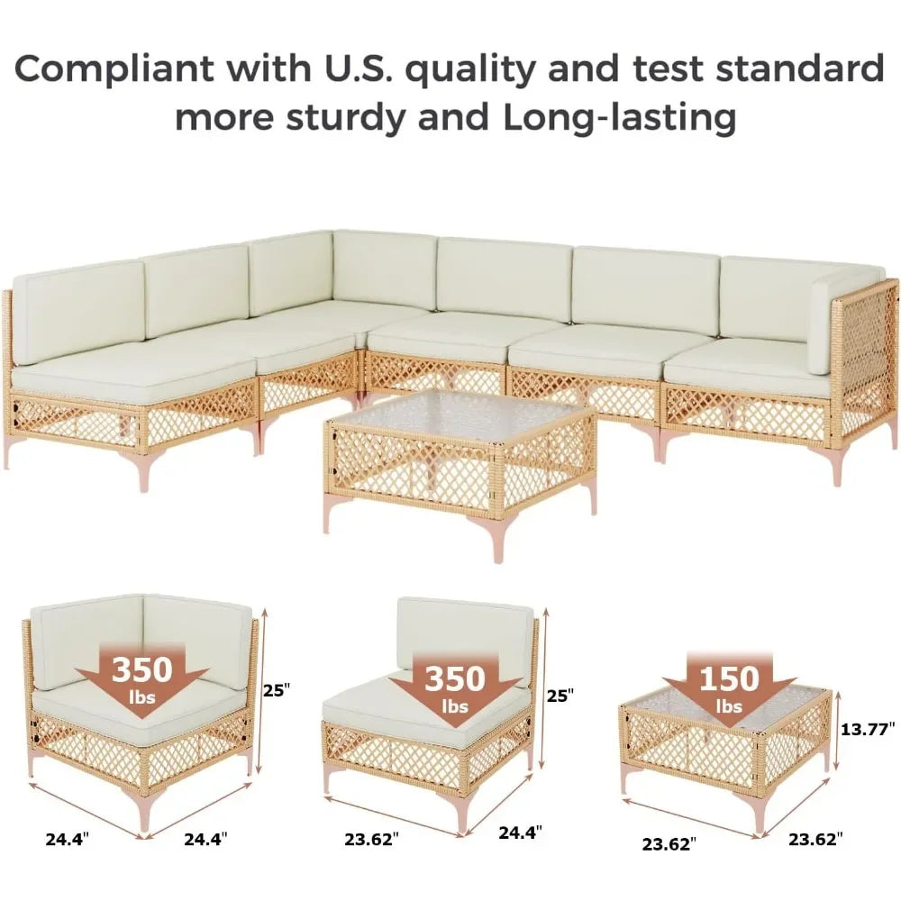 7 Piece Outdoor Patio Furniture Set, Patio Sectional Furniture Set, Wicker Outdoor Couch Sets with Glass Table and Cushions