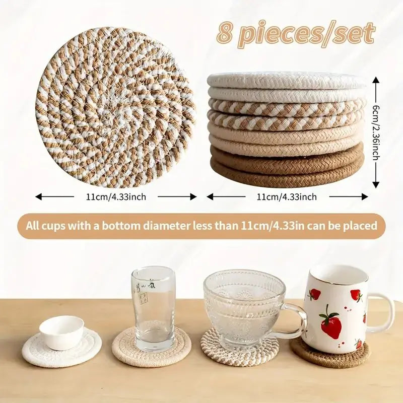 8-Piece Set Absorbent Coasters for Drinks, Minimalist Cotton Woven Coasters Coffee Table Decor Boho Cute Cup Coasters
