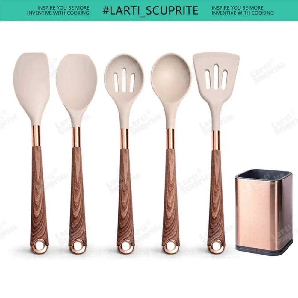 Gold Plated Handle Silicone Cooking Utensils Set Kitchen Non-stick Tool Gadgets BPA FREE Kitchenware Heat Resistant Spatula Set