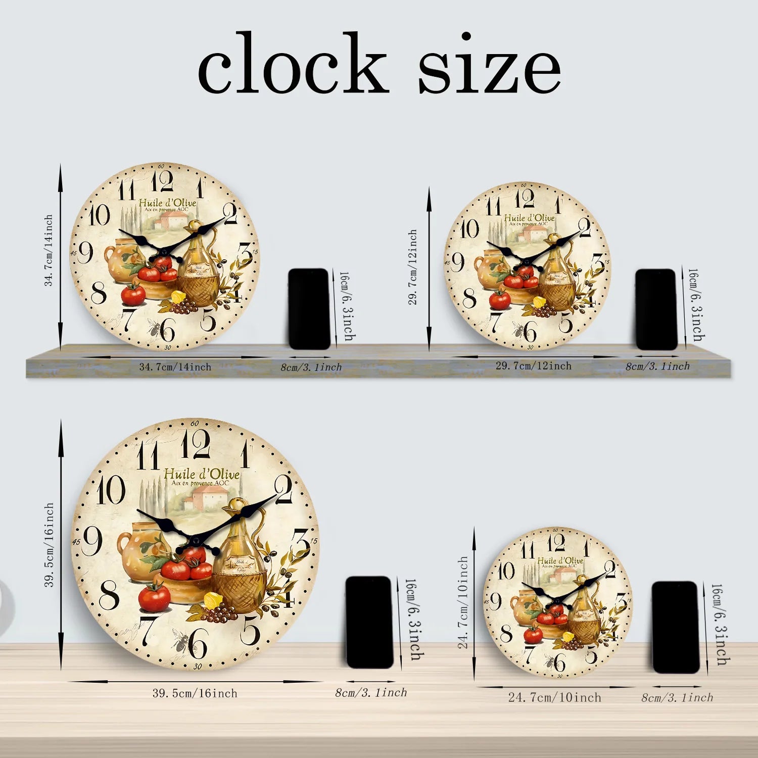 Retro Provence Olive Oil and Tomato Pattern Wooden Wall Clock Living Room Bedroom Kitchen Home Decoration Wall Clock Silent Quartz Clock Holiday Gift 10 Inches 12 Inches 14 Inches 16inch (Without Batteries)