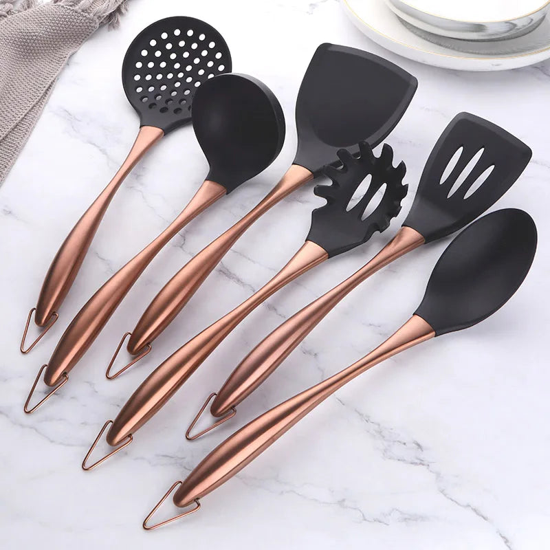 1-7PCS Cooking Tools Set Soup Scoop Slotted Spoon Turner Ladle Stainless Steel with Silicone Head Hanging Kitchen Server Pot
