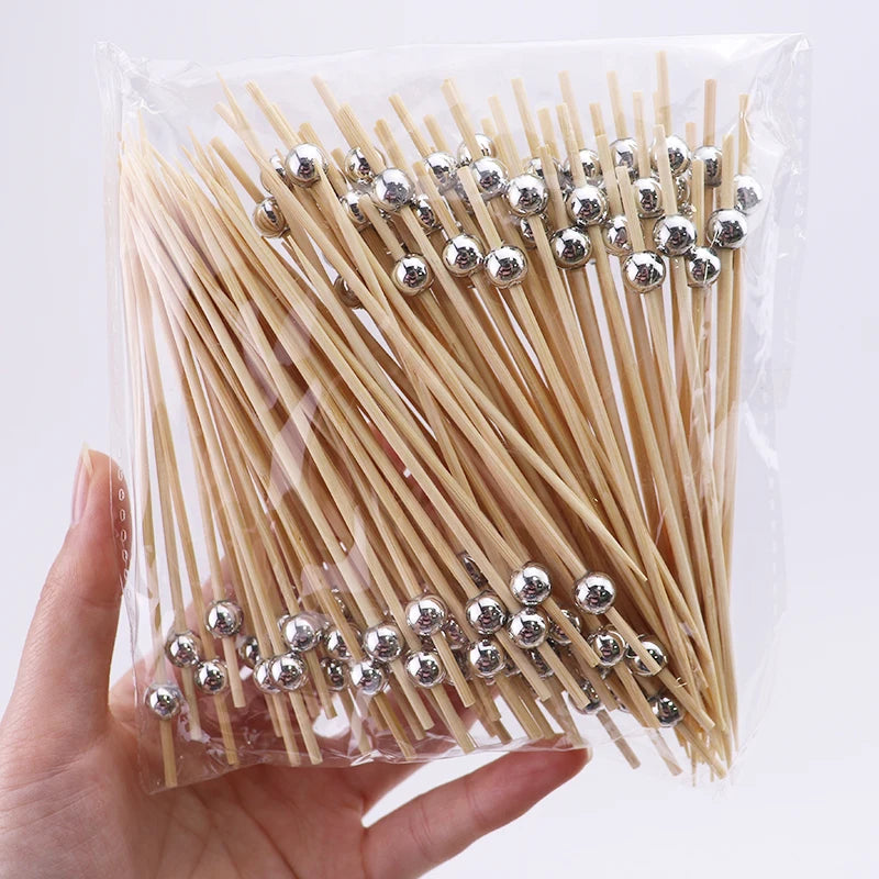 100Pcs White Pearl Bamboo Food Fruit Picks Wedding Party Disposable Cake Dessert Cocktail Sticks Buffet Cupcake Toothpick Skewer