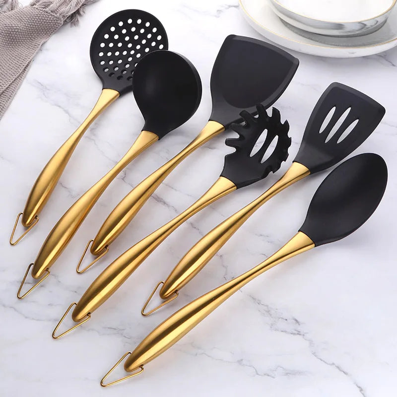1-7PCS Cooking Tools Set Soup Scoop Slotted Spoon Turner Ladle Stainless Steel with Silicone Head Hanging Kitchen Server Pot