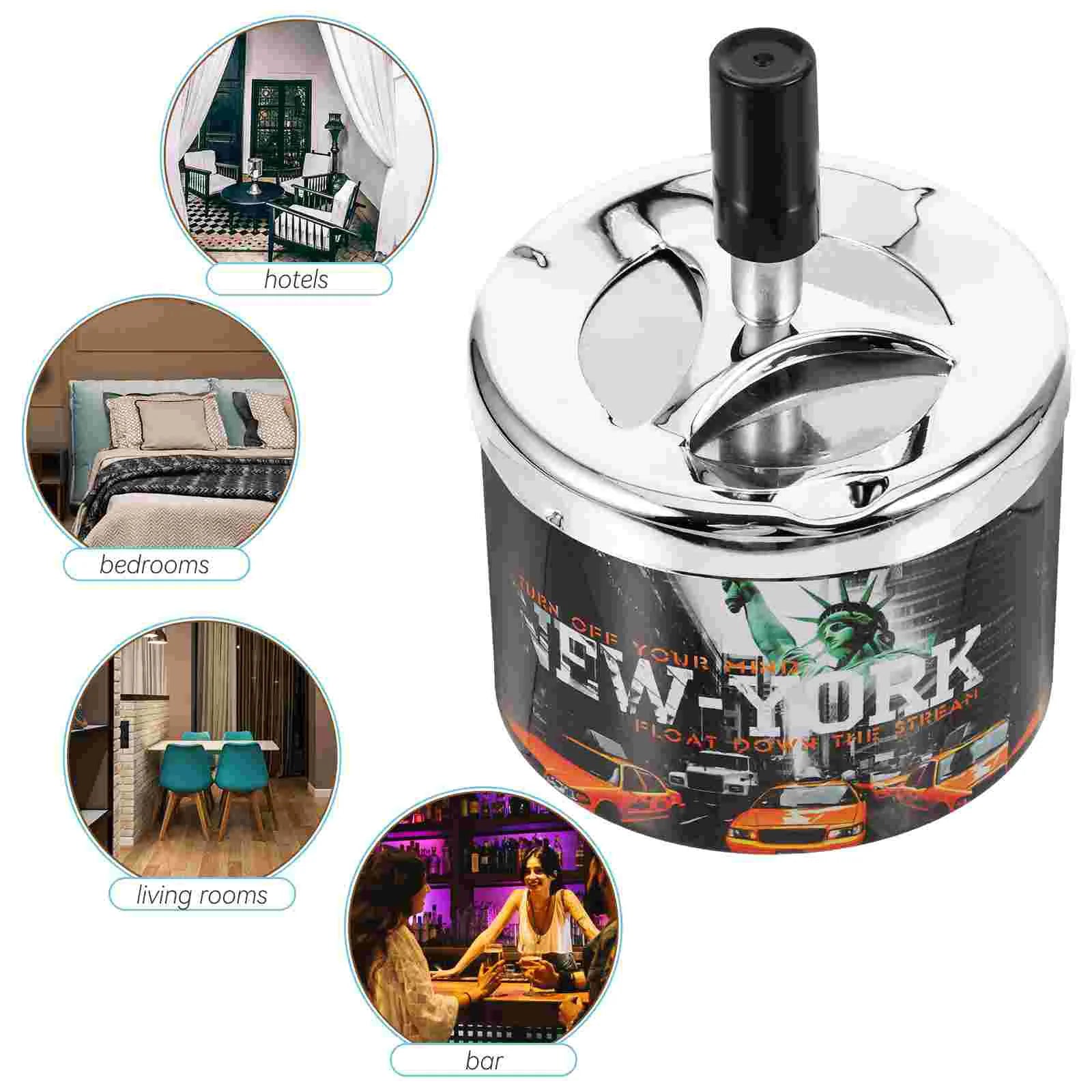 Swivel Lid Ashtray Desktop Personality Car Home Windproof Stainless Steel Round Container
