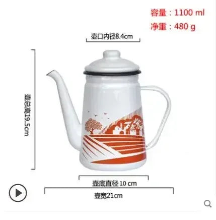 1.1L Enamel Coffee Pot Hand Tea Kettle Induction Cooker Gas Stove Universal Enamel Vintage Kettle Water Kettle Teapot