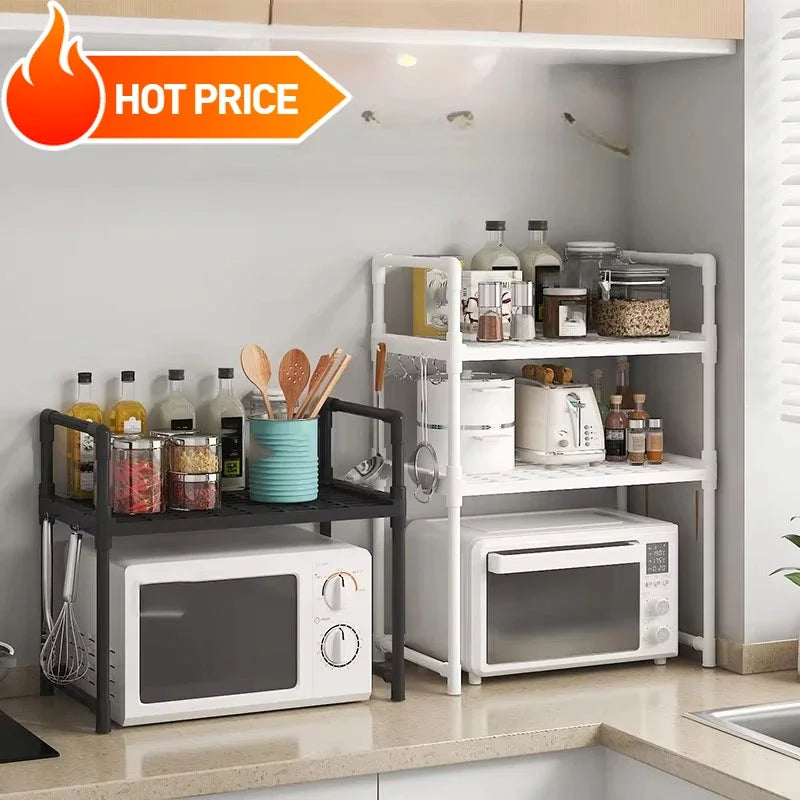 Kitchen Storage Rack Shelf Organizer for Microwave Oven Toaster Spice Bottles with Hooks Adjustable Stand for Home Dining Room