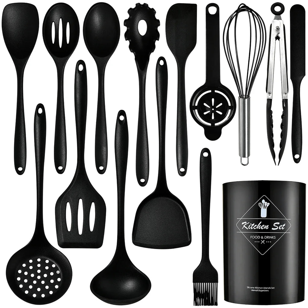 15pcs Pink Silicone Kitchenware with Storage Bucket Spatula Shovel Ladle Cookware Kitchen Utensils Set Non-Stick Cooking Tools