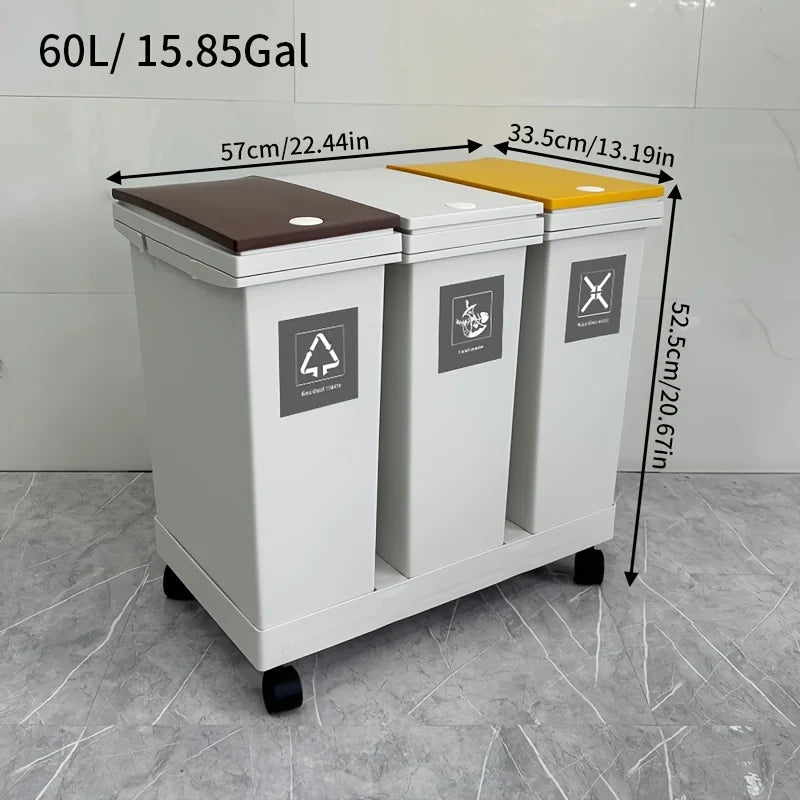 1 set, large kitchen garbage bin, dry and wet sorting garbage bin, movable, suitable for hotels, living rooms, offices, schools