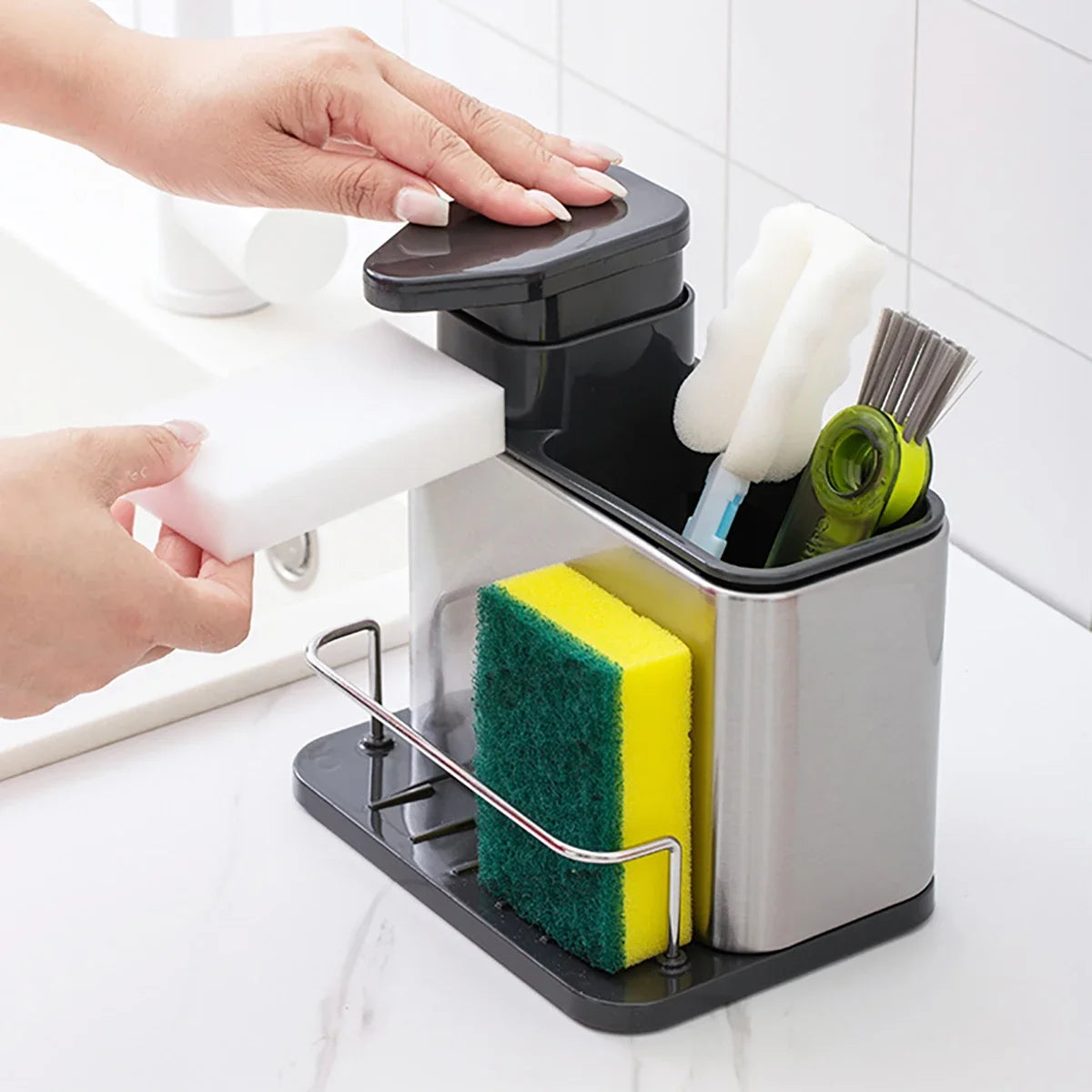 Stainless Steel Soap Dispenser + Sponge Holder 2-in-1 Kitchen Cleaning Storage Leak-proof & Easy To Clean