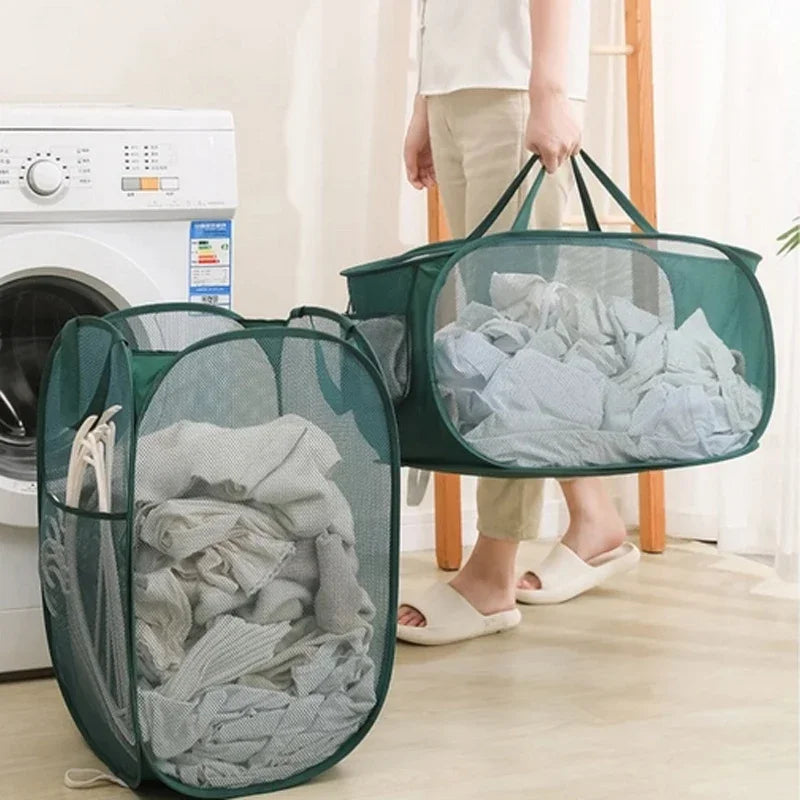 1PC Horizontal Foldable Laundry Basket Mesh Cloth Breathable Laundry Hamper Home Accessories Large Capacity Storage Baskets