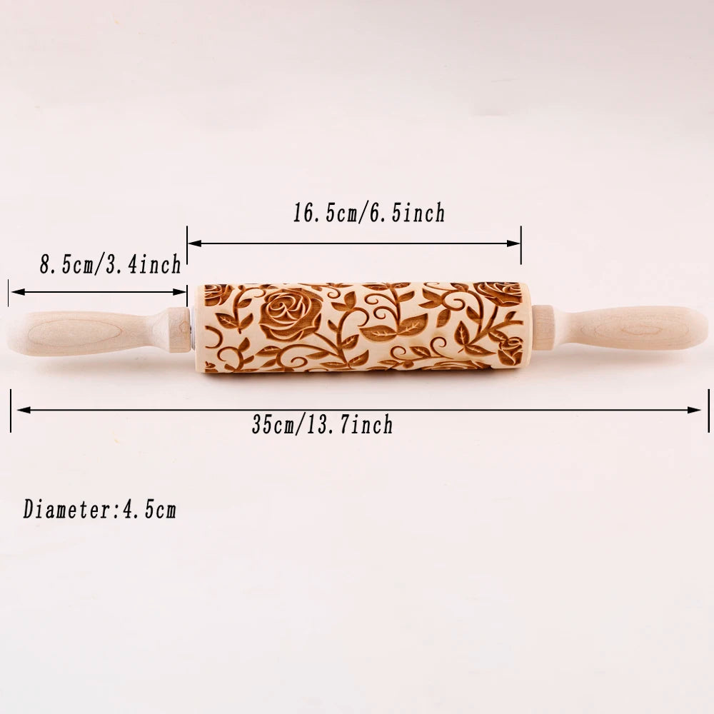 Arjmide 35X4.5CM Deep Engraved Wooden Rose Flower Embossed Rolling Pin for Baking 3D Cookies Mold Tools ZM153