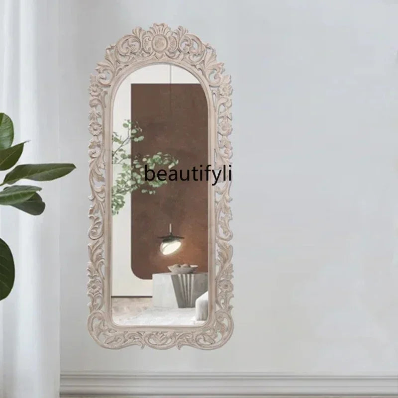 French light luxury carved living room entrance decorative mirror American retro wall-mounted full-length mirror9338